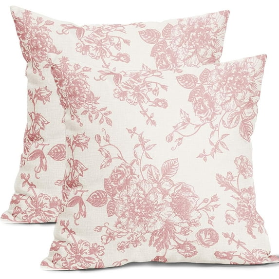 Pink and Cream Floral Pillow Covers 16x16 Inch Set of 2 Vintage Pink Floral Throw Pillow Covers Chinoiserie Flower Pillowcases Farmhouse Cotton Linen Cushion Covers for Couch Bed Sofa Chair Home Decor