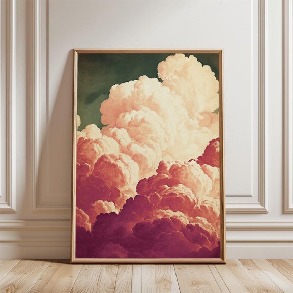 Pink Cream Sky Vintage Style Nature Surreal Cloud Wall Decor, Stretched Canvas 12x16in