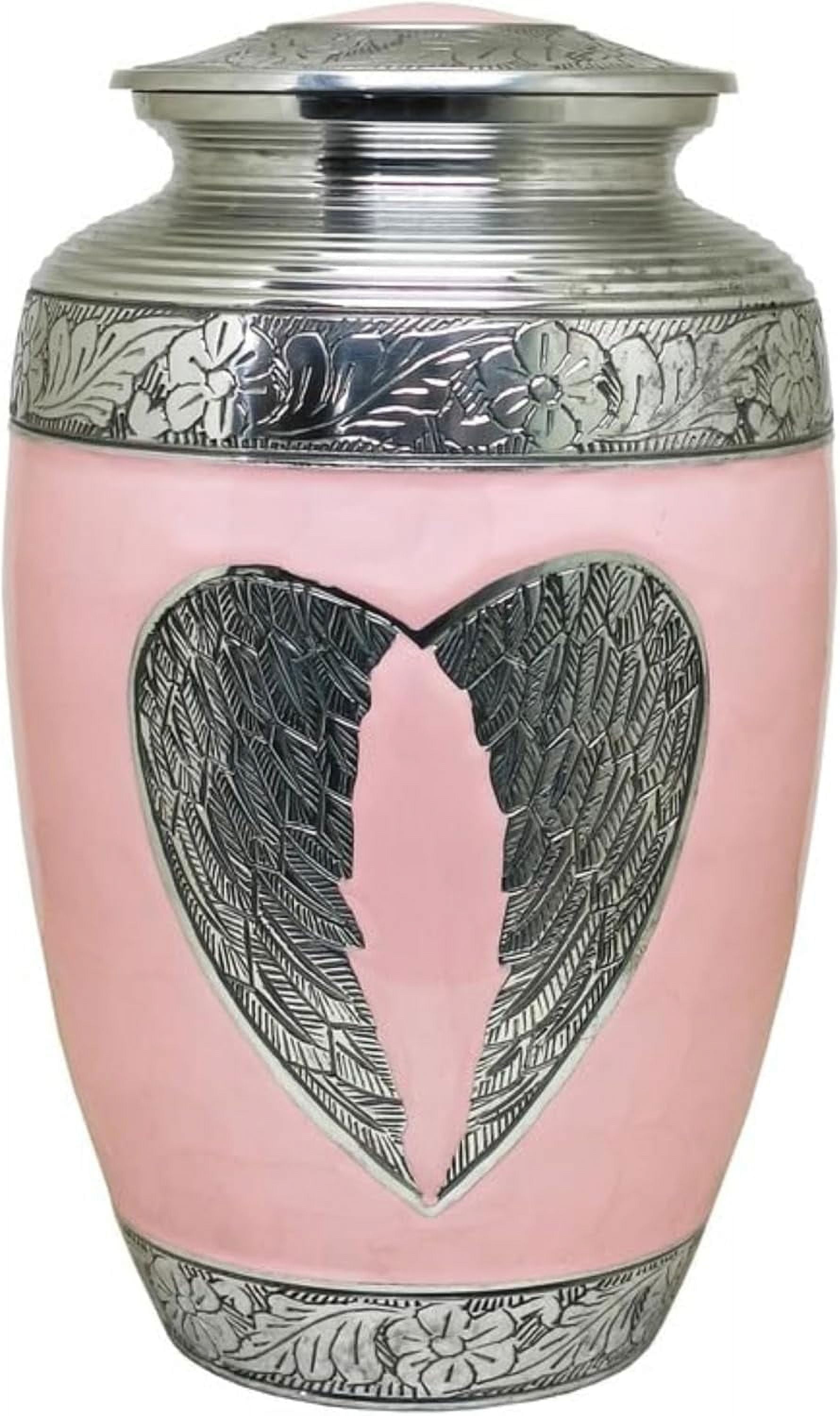 Pink Cremation Urn with Silver Wing Detail, 11x7 inches - Ample Size for Human Ashes