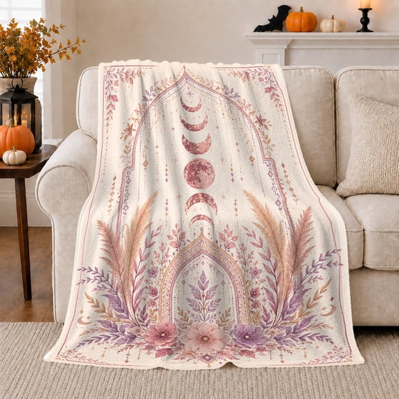 Pink Crescent Moon with Floral Feathers, Dreamy Boho Style for Moon Lovers, Pastel Lunar Garden Motif and Birthday Gift, Cozy Flannel Blanket for Bedroom and Reading Nook, Home Decor