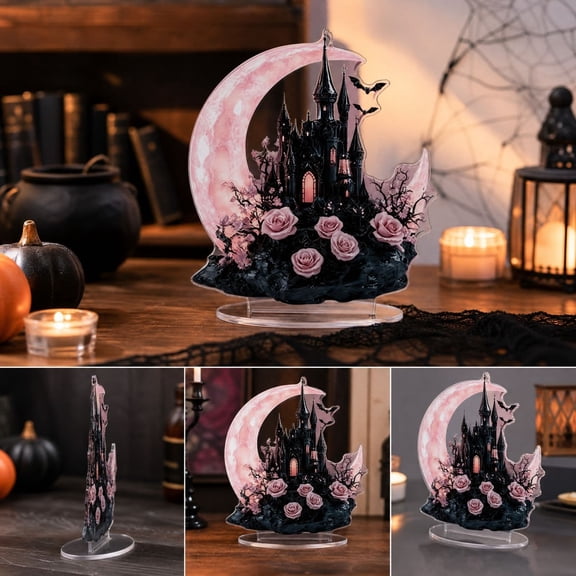 Pink Crescent Moon Gothic Castle Acrylic Tabletop Sign, Halloween Rose Bat Desktop Decor Stand for Party Home Ornament