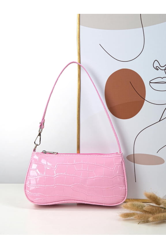 Pink Croc-Embossed Patent Leather Shoulder Bag With Adjustable Strap