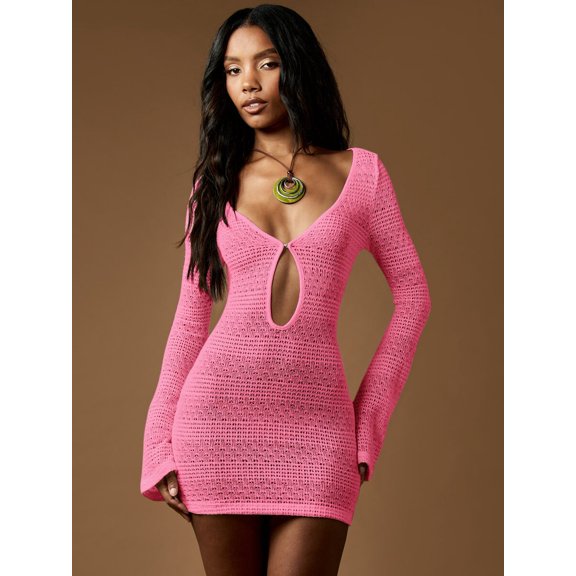 Pink Crochet Knit Mini Dress With Long Bell Sleeves And Plunge Keyhole Neckline Boho Resort Cover Up