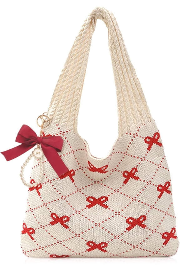 Pink Crochet Tote Coquette Bow Aesthetic Hobo Bag for Women Beach Mesh Knitted Shoulder Bag Boho Shoulder Handbag