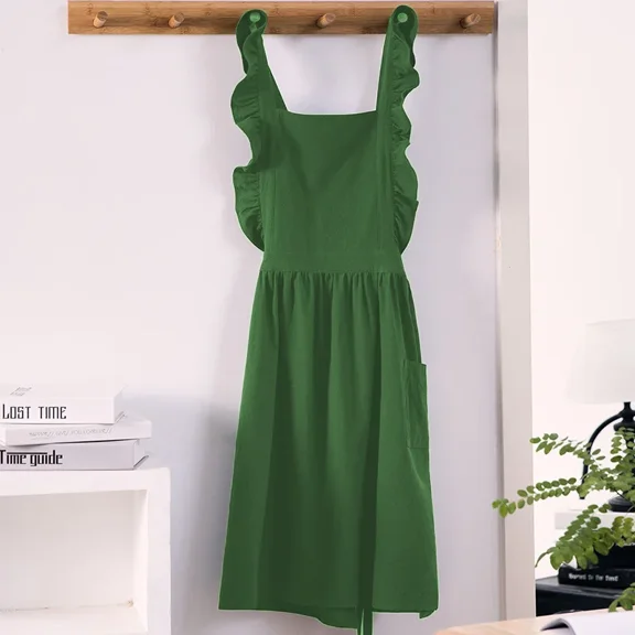 Pink Cross Back Apron Dress with Ruffle Pockets Kitchen Gardening Cooking Baking Pinafore Apron for Women