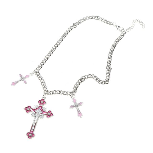 Pink Cross Pendant Necklace Cool Y2K Goth Jewelry RainbowCross Jesus
