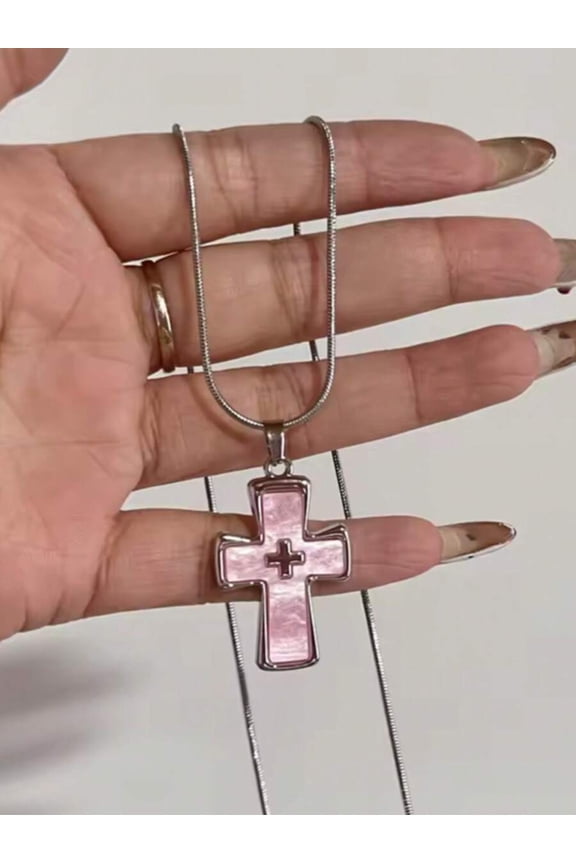 Pink Cross Pendant Necklace With Stainless Steel Snake Chain
