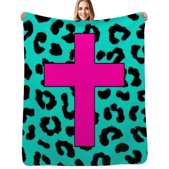 Pink Cross on Teal Leopard Print Flannel Blanket Warm Soft Bedding Throws Winter Camping Chair Sofa Bed
