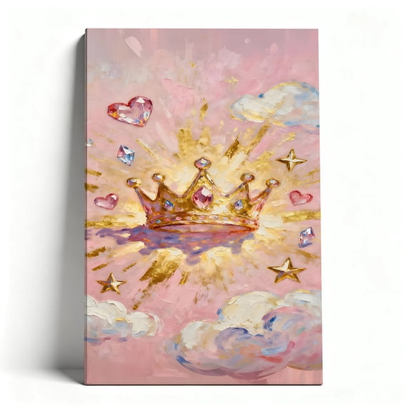 Pink Crown & Gemstone Canvas Wall Art, Royal Sparkle Princess Decor, Glittering Heart Star Painting For Girls Bedroom, Nursery, Living Room, Ready To Hang 8*12inch(20*30cm)