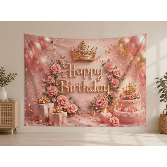 Pink Crown Happy Birthday Backdrop