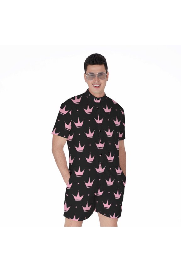 Pink Crown Pattern Short Sleeve Men'S Rompers Casual Summer Jumpsuits Outfit