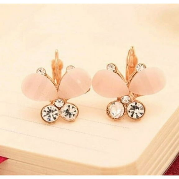 Pink Crystal Butterfly Earring Lever Back Gold Filled High Polish Finsh