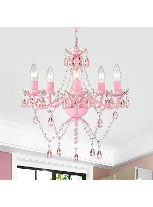 Pink Crystal Chandelier 5-Light Modern Crystal Chandelier Light Fixture Small Bedroom Chandelier for Girls