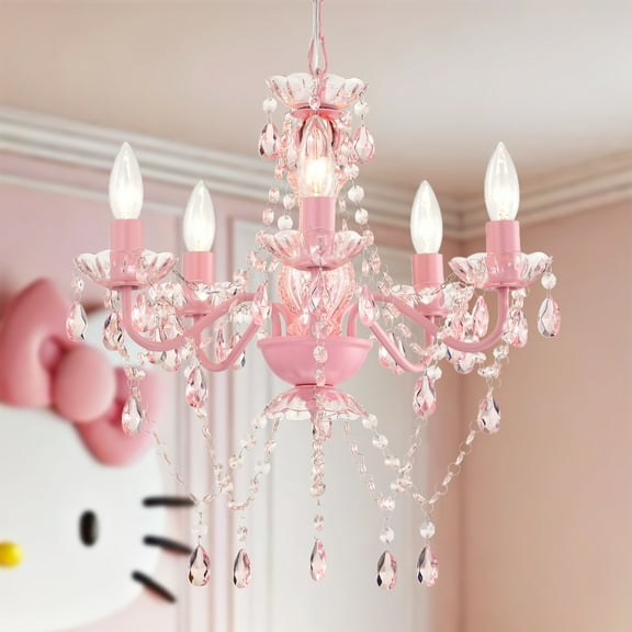Pink Crystal Chandelier 5-Light Modern Crystal Chandelier Light Fixture Small Bedroom Chandelier for Girls