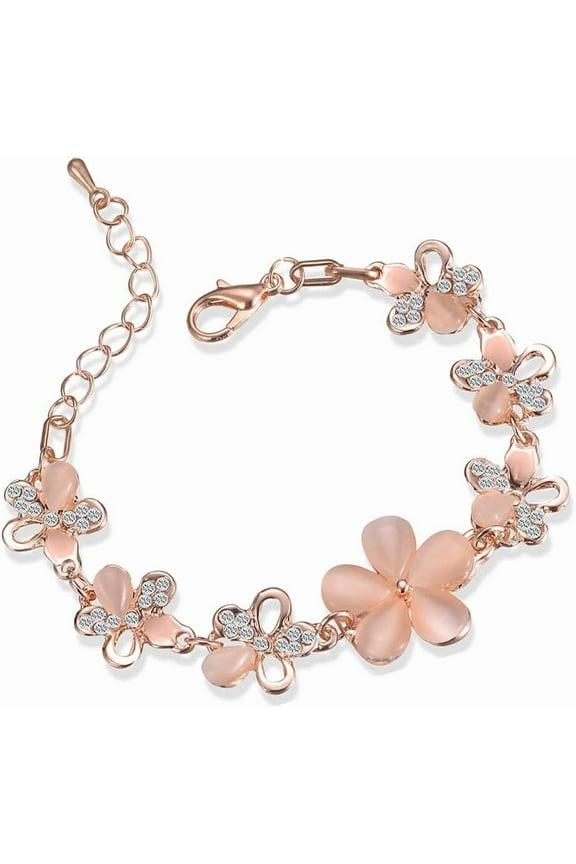 Pink Crystal Cherry Blossom Flower Chain Link Bracelet For Women Fashion Cute Delicate CZ Petal Floral Sakura Bangle Bracelets Adjustable Sweet Dainty Trendy Spring Jewelry Gifts