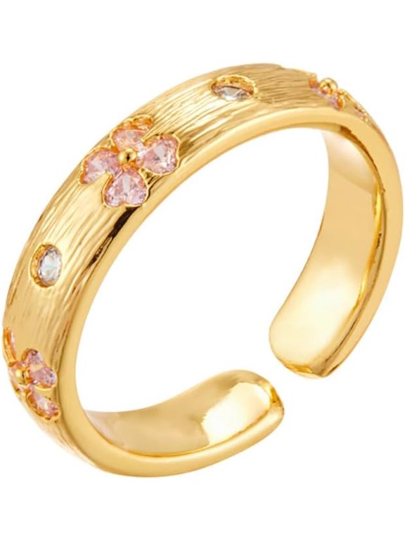Pink Crystal Cherry Blossom Ring Gold Plated Open Band Cubic Zirconia Statement Ring Wedding Promise Rings Fashion Jewelry for Women