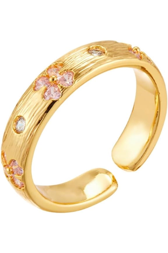 Pink Crystal Cherry Blossom Ring Gold Plated Open Band Cubic Zirconia Statement Ring Wedding Promise Rings Fashion Jewelry for Women