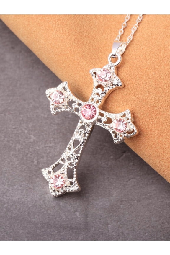 Pink Crystal Cross Pendant Necklace In Silvertone Alloy With Filigree Design
