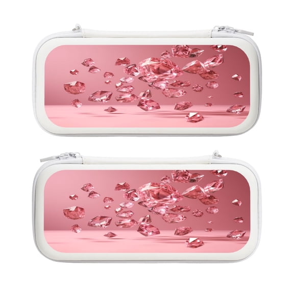 Pink Crystal Diamonds, Carrying Case For Nintendo Switch & OLED Version, Eva Lightweight Shockproof Protective Pouch Case for Game Console & Accessories with 10 Game Card Slot & Wristband, White
