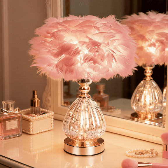 (Pink) Crystal Feather Table Lamp - Opulent Home Decor Lamp, Perfect Wedding Housewarming Gift for Bedroom Living Room