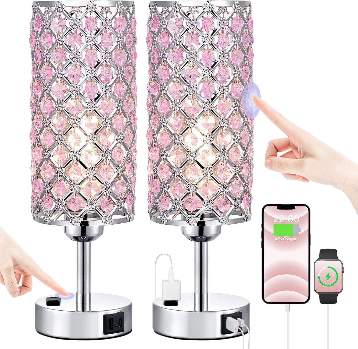 Pink Crystal Lamp Set of 2, 3 Way Dimmable Touch Lamp for Bedroom with ...