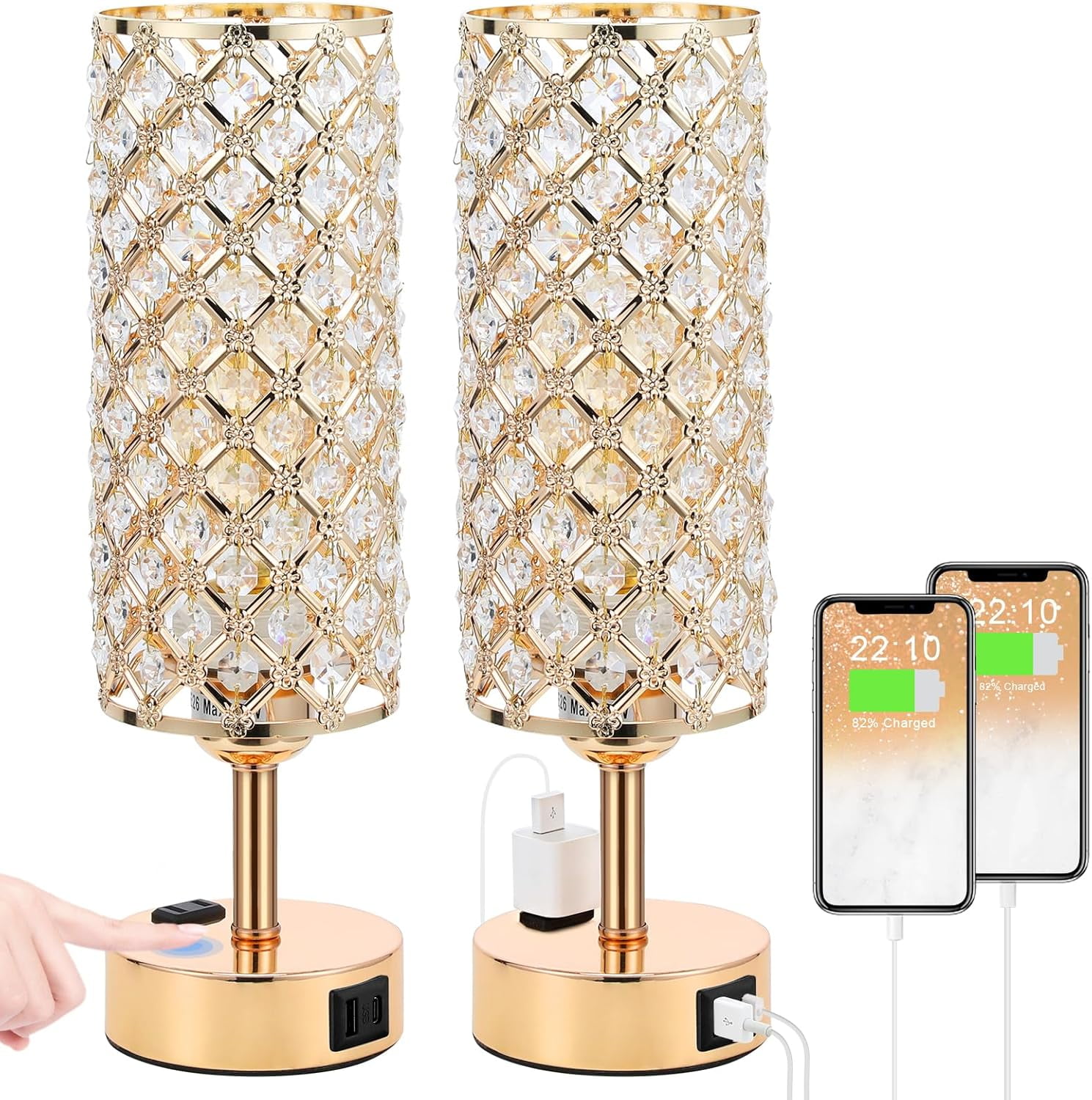 Pink Crystal Lamp Set of 2, 3 Way Dimmable Touch Lamp for Bedroom with ...