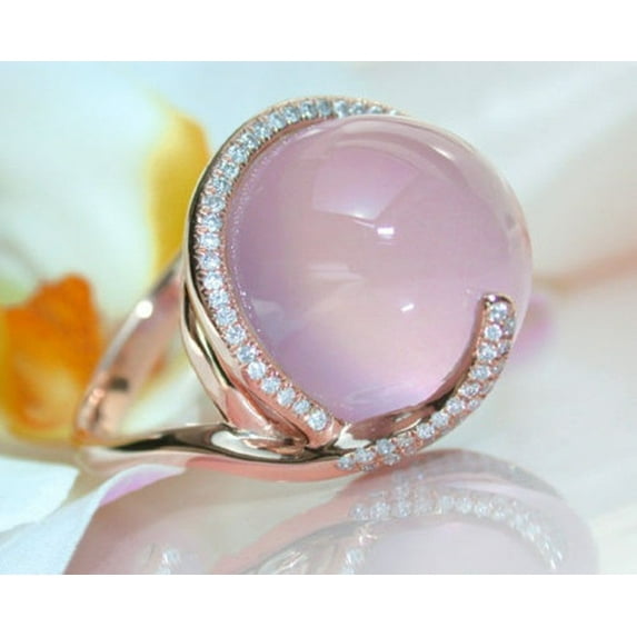 Pink Crystal Moonstone Diamond Ring Unisex Alloy Inlay Jewelry with Semi Precious Stones Gentle Shine Everyday