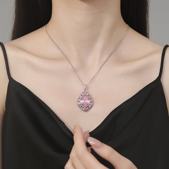 Pink Crystal Pendant Necklace S925 Sterling Silver Pink Diamond Gemstone Statement Necklace for Women Wedding Bride Jewelry Gift for Wife Mom