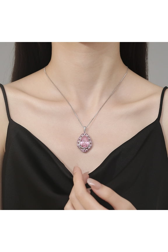 Pink Crystal Pendant Necklace S925 Sterling Silver Pink Diamond Gemstone Statement Necklace for Women Wedding Bride Jewelry Gift for Wife Mom