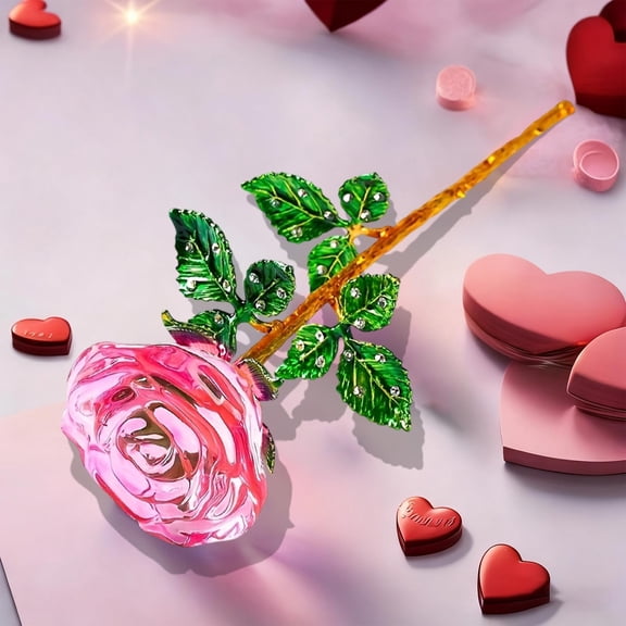 Pink Crystal Rose Ornament, 9.45 Inch Eternal Flower with Rhinestones, Valentine's Day Wedding Gift for Girlfriend, Birthday Present, Home & Desk Decor Pink