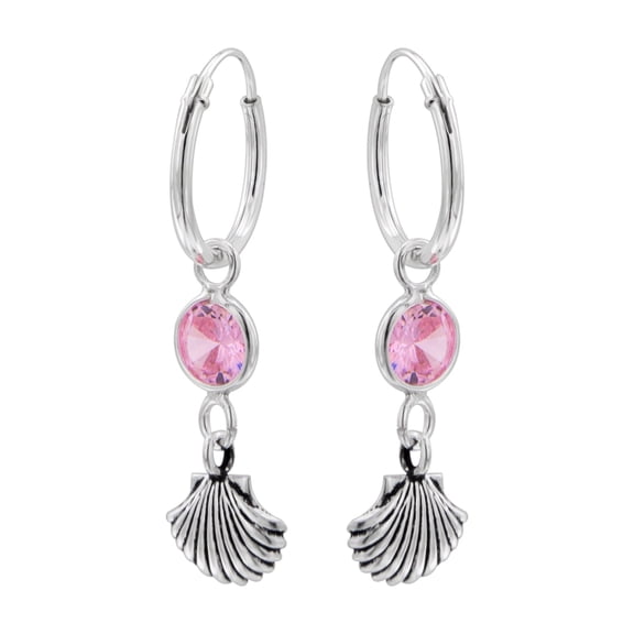 Pink Crystal and Shell Charm 925 Sterling Silver Hoop Earrings