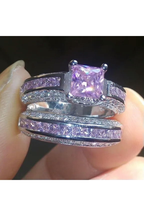 Pink Cubic Zircon Princess Cut Ring Sets Women's 925 Silver Wedding Jewelry Gift