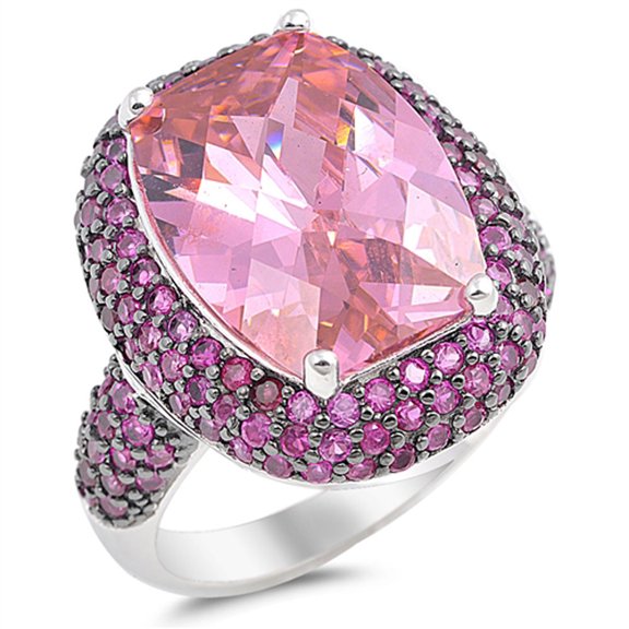 Pink Cubic Zirconia Cluster Halo Wide Large Ring .925 Sterling Silver Band Jewelry Female Size 6