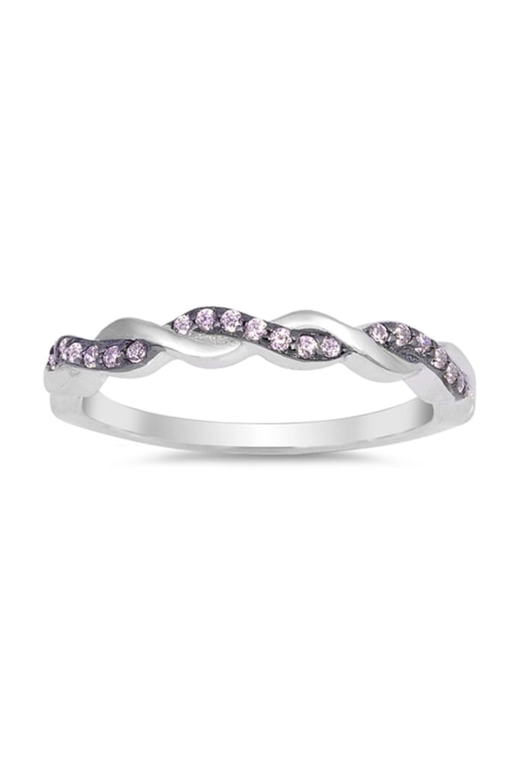 Pink Cubic Zirconia Half Way Braided Band Ring Sterling Silver