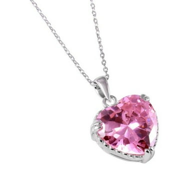 Pink Cubic Zirconia Heart Rope Necklace Rhodium Plated Sterling Silver