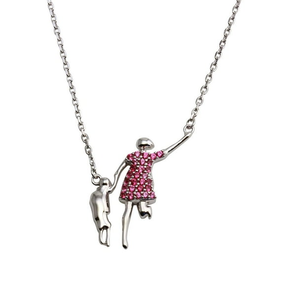 Pink Cubic Zirconia Mom And Son Family Necklace Rhodium Plated Sterling Silver