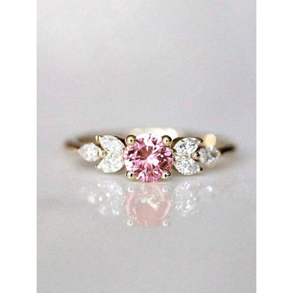 Pink Cubic Zirconia Ring With Leaf-Shape Diamond Accents, Goldtone Setting For Everyday Elegance