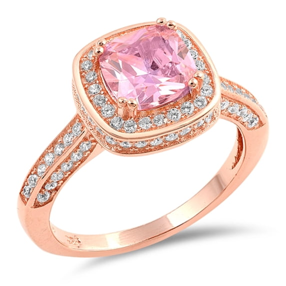 Pink Cubic Zirconia Rose Gold-Tone Halo Square Ring .925 Sterling Silver Band Jewelry Female Size 11
