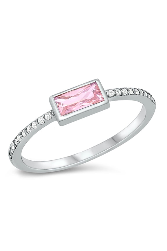 Pink Cubic Zirconia Sideways Rectangular Center Ring Sterling Silver Size 7