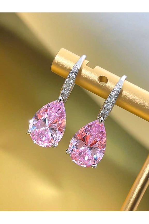 Pink Cubic Zirconia Teardrop Dangle Earrings With Silvertone Setting