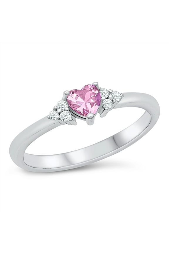 Pink Cubic Zirconia Triple Sides Heart Promise Ring Sterling Silver Size 7