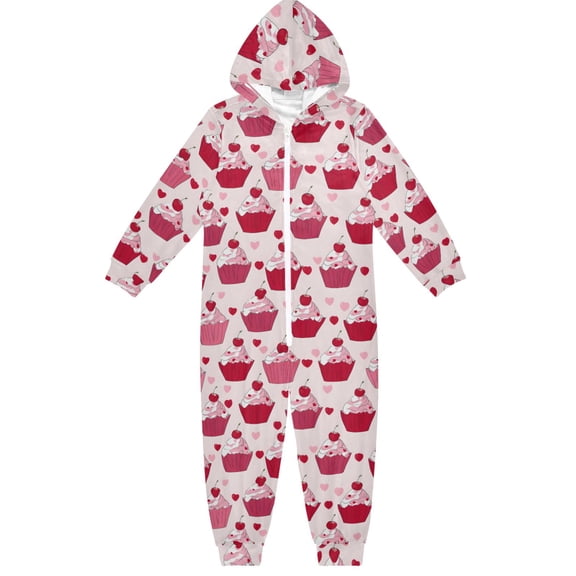 Pink Cupcake Hearts One Piece Pajamas Soft Jumpsuit Cozy Sleep and Play Romper Zipper and Pockets 5-6T
