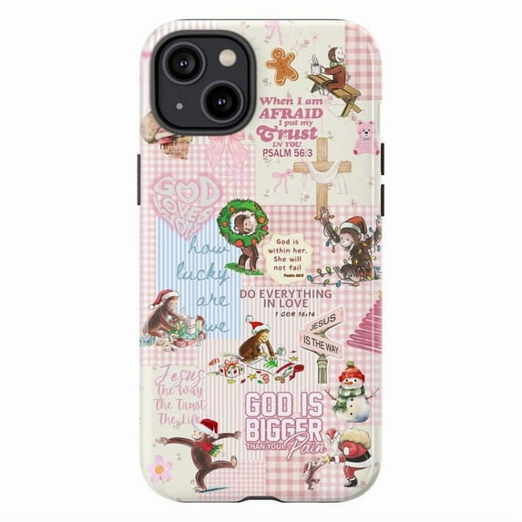 Pink Curious Monkey with Christian Christmas Phone Case, Bible Verse iPhone Cover, God Is Bigger Than Your Pain Faith Inspired Case for iPhone 16 15 14 13 12 11 Pro Max Plus Mini