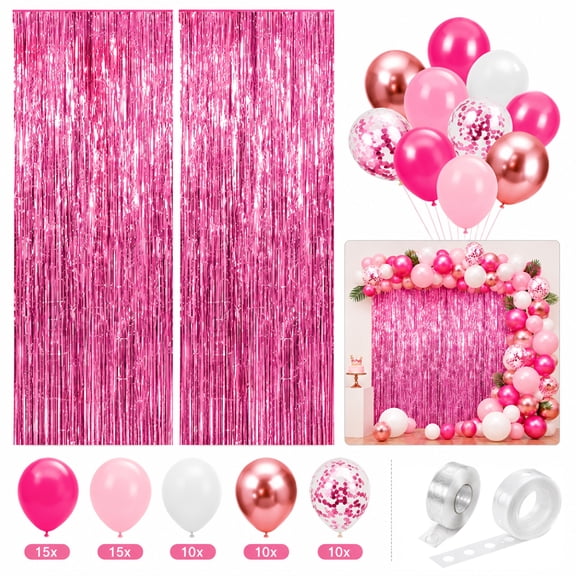 Ayieyill Pink Curtain Tinsel and Balloon Kit, 2Pcs Fringe Backdrop with Pink、Rose Gold Confetti Balloons, Party Decorations, Photo Booth Wall Decor