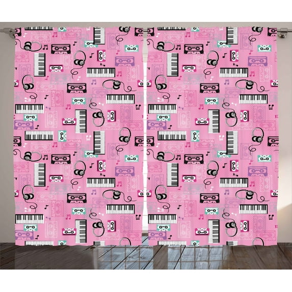 Ambesonne Pink Curtains 2 Panel Set, Music Theme Vintage Retro, 108" x 84", Pink