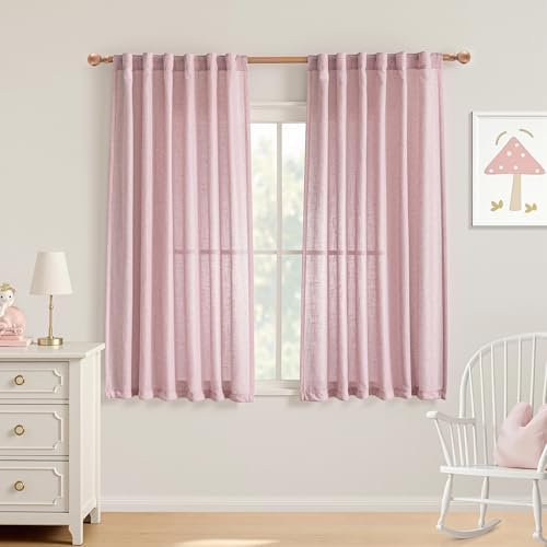 Pink Curtains for Girls Bedroom, Semi Sheer Nursery Curtains 63 Inch Length for Small Windows Boho Farmhouse Back Tab Soft Touch Light Filtering Drapes, 50" Wide, Light Pink, Sets of 2