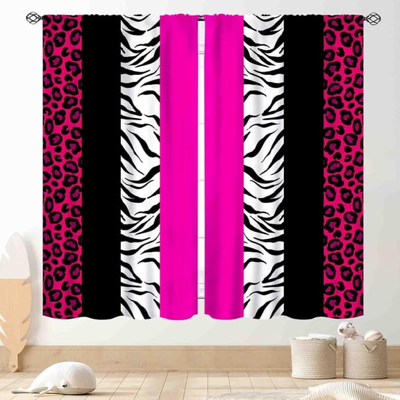 Pink Curtains for Girls Room, Modern Zebra Leopard Print Safari Abstract Sexy Cheetch Romantic Valentine Pink Black Window Drapery Treatments for Bedroom Living Room Bathroom Kitchen, 42"x63" Inch