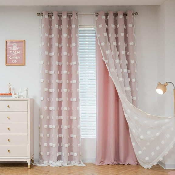 Pink Curtains for Living Room 84 Inches Long Pom Pom White Sheer Curtains for Girls Room Nursery Curtains Double Layer for Toddler Bedroom Grommet Room Darkening Window Panels 52 x 84 Inch
