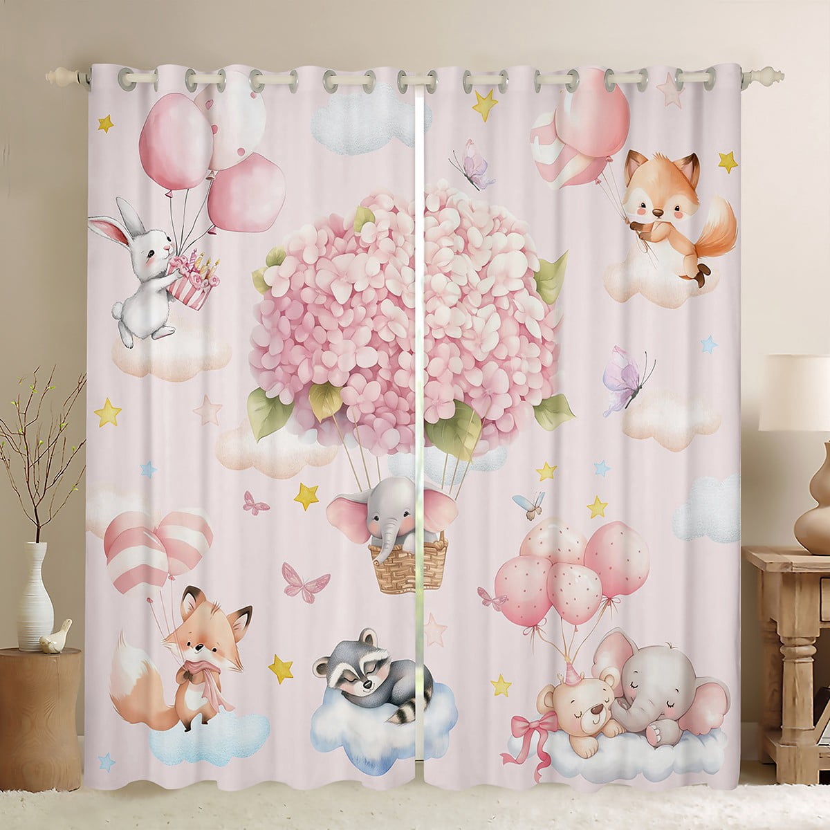 Pink Curtains Pink Floral Hot Air Balloon 30%-50% Blackout Curtains ...