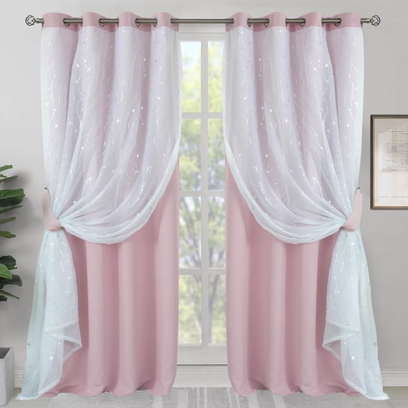 Pink Curtains with Sheer Overlay, Double Layer, Grommet Top, Silver Printed Thermal Insulated Noise Reducing, 2 Panels, 52x80 Inches